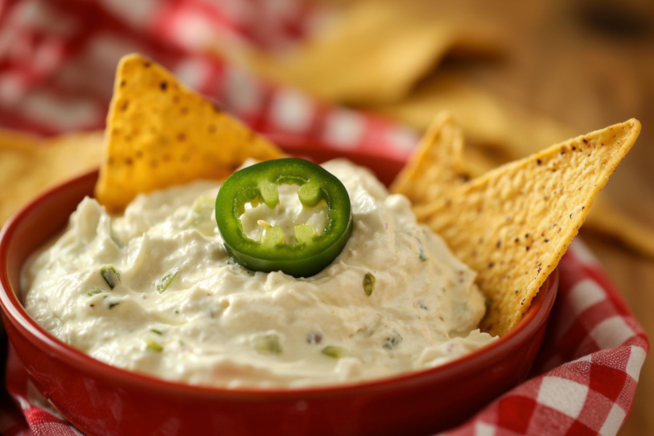 Jalapeño popper dip in a red bowl served with tortilla chips