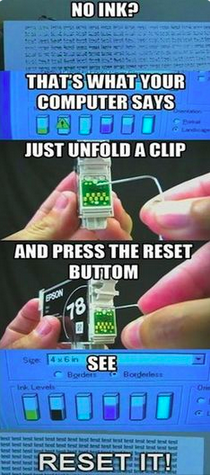 Need to get a few more drops out of your printer cartridge? This image shows how to reset printer ink. This post tells where to find cheap inkjet printer ink, too! Save money everywhere.