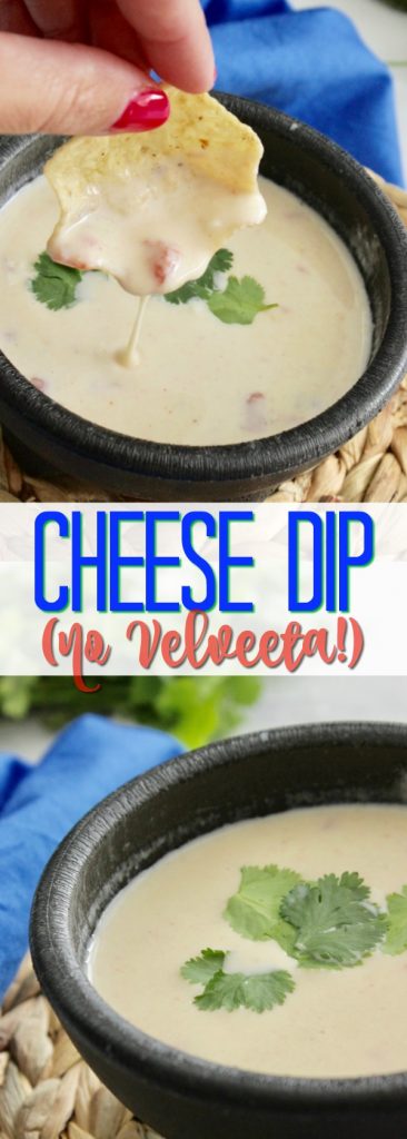 Want a cheese dip without velveeta? This is my go to no velveeta queso dip - the kids love this, too! This is a super easy appetizer for a crowd, too! #appetizer #cheese #crockpotcooking