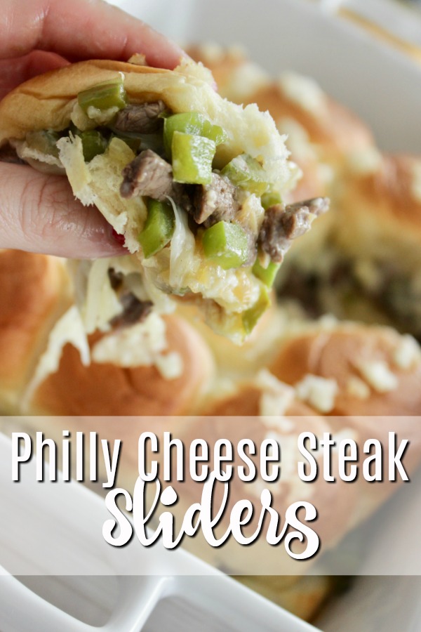 Philly Cheese steak sliders in white baking dish
