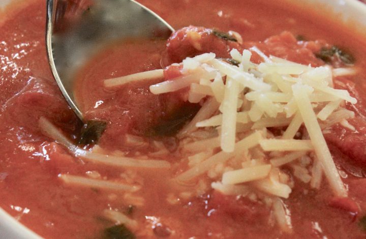 tomato basil soup in a white bowl