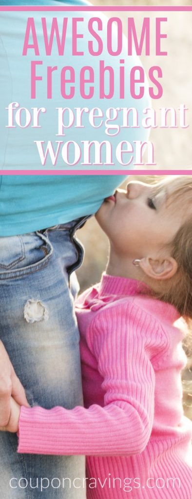 Mom and little girl, with article talking about free stuff for new moms. Little girl is kissing moms tummy.
