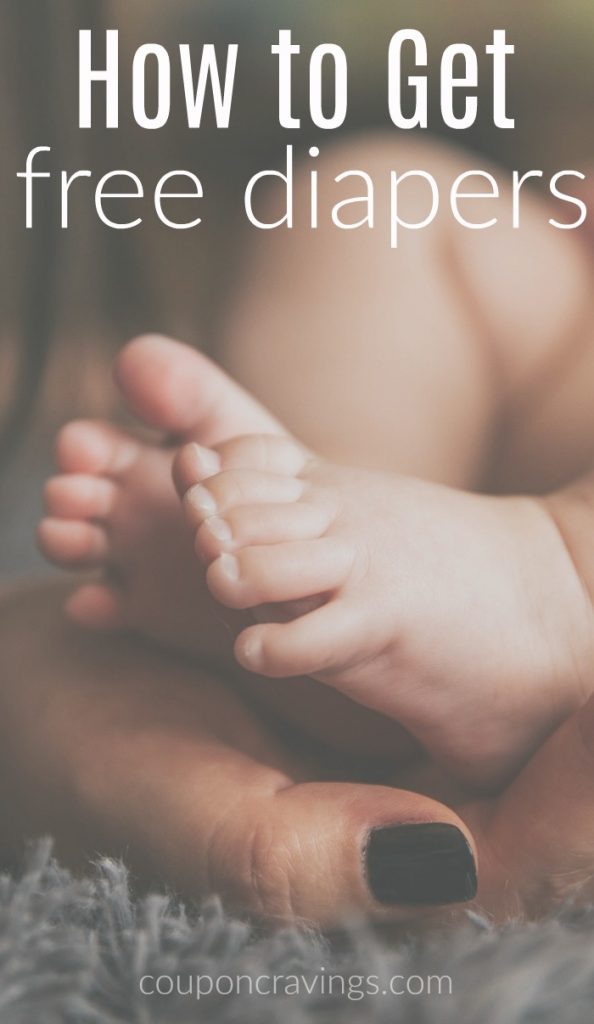 Mom holding tiny baby feet in article about how to get free diapers