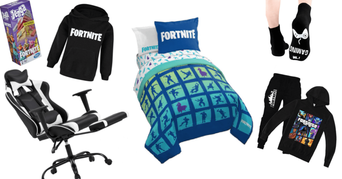 Fortnite birthday gift ideas including a comforter, gaming chair, Fortnite socks and a Fortnite outfit