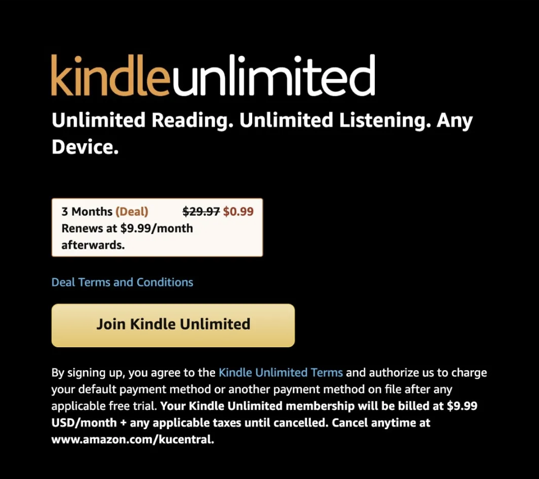 Kindle Unlimited deal for exiting customers on Amazon