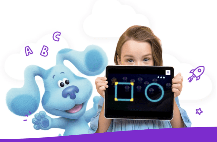 Girl with Noggin Show on tablet and bluey from blues clues next to her