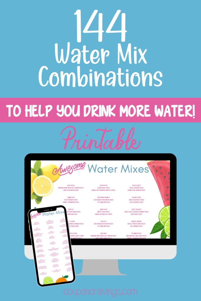 Free printable sheet of water mixes and combinations of water flavor packets