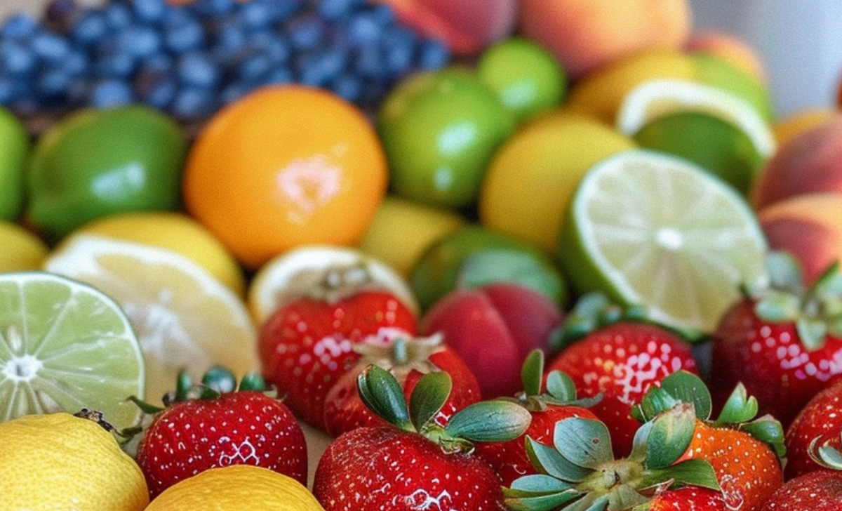 ingredients for fruit infused water on a countertop: strawberries, limes, oranges, blueberries