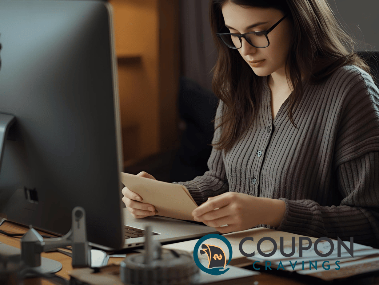 woman doing paperwork and addressing envelopes in her office