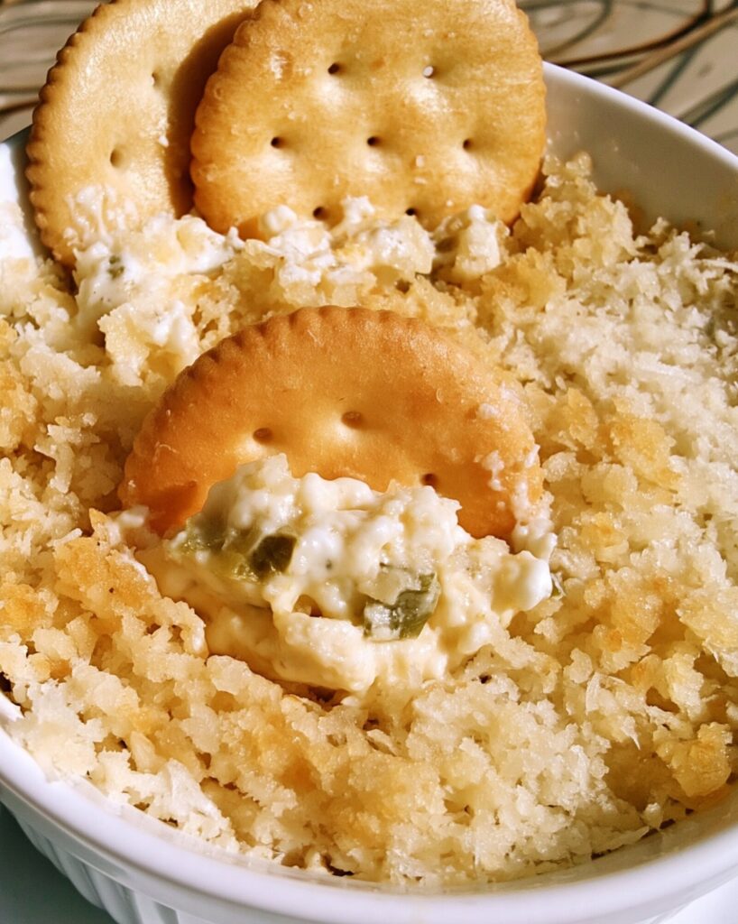 Close-up of a round butter cracker pushed into jalapeño popper dip, showing creamy dip with diced green chilies and jalapeños under the parmesan top