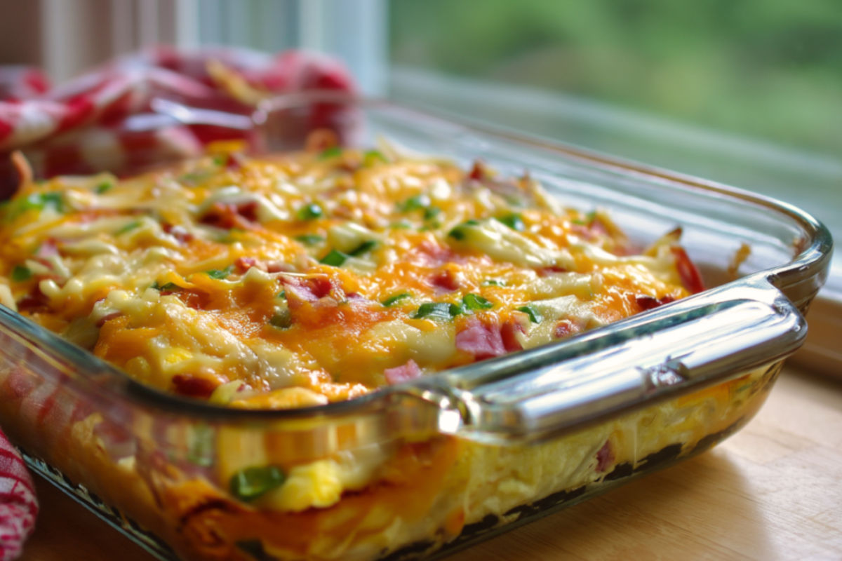 easy breakfast casserole on countertop in glass baking dish
