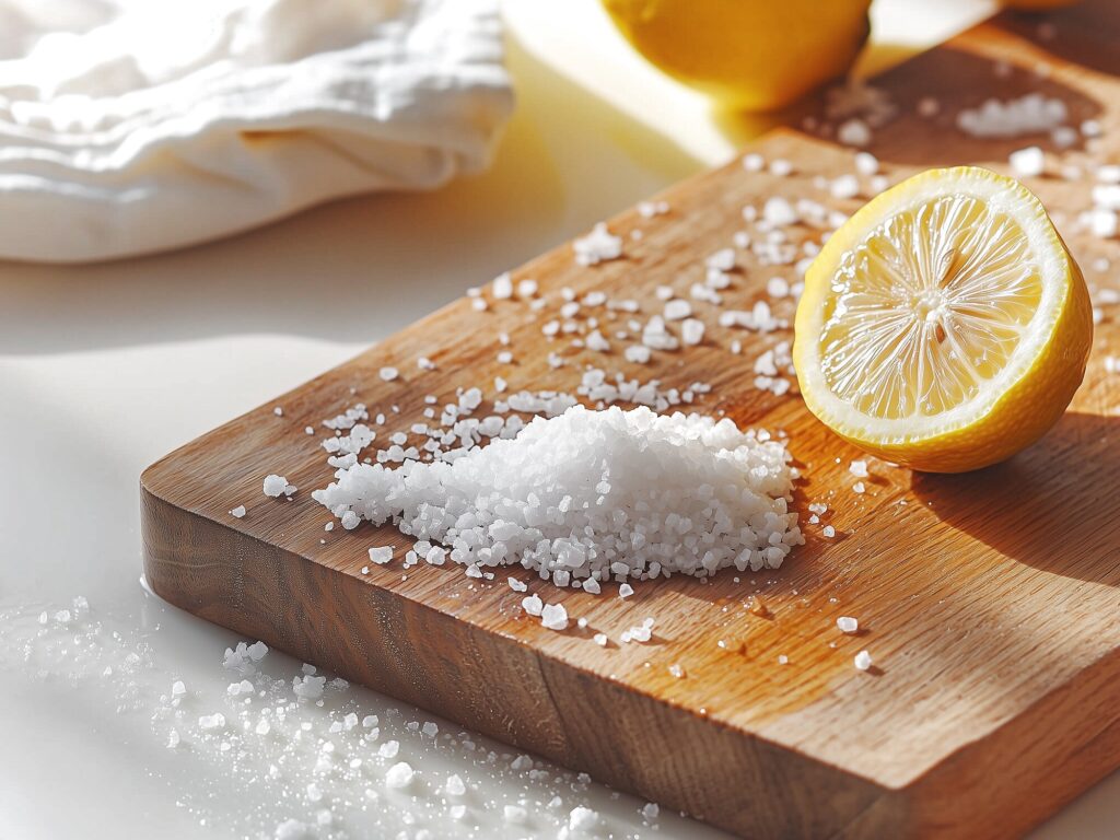 Wooden cutting board scrubbed with coarse salt and half a lemon — deodorizing a cutting board with salt