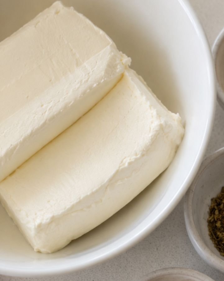 Two blocks of softened cream cheese in a white bowl alongside small dishes of garlic powder and Italian seasoning on a white quartz countertop with a red and white checkered towel nearby.