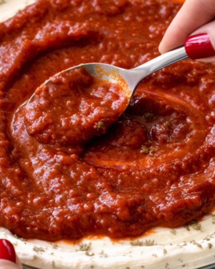 Hand using a spoon to spread thick red pizza sauce in a spiral over the cream cheese layer in a glass pie dish on a white countertop.