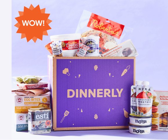 Dinnerly meal kit delivery box with market add-on snacks stacked around it