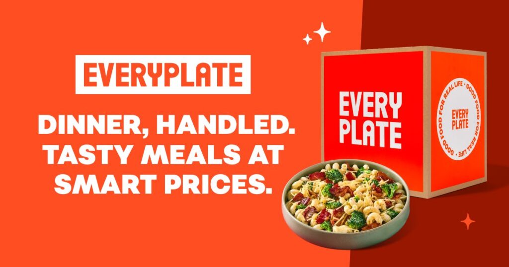 EveryPlate budget meal kit box next to a bowl of bacon broccoli pasta
