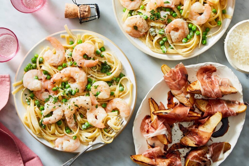 Marley Spoon shrimp fettuccine dinner with prosciutto-wrapped pears